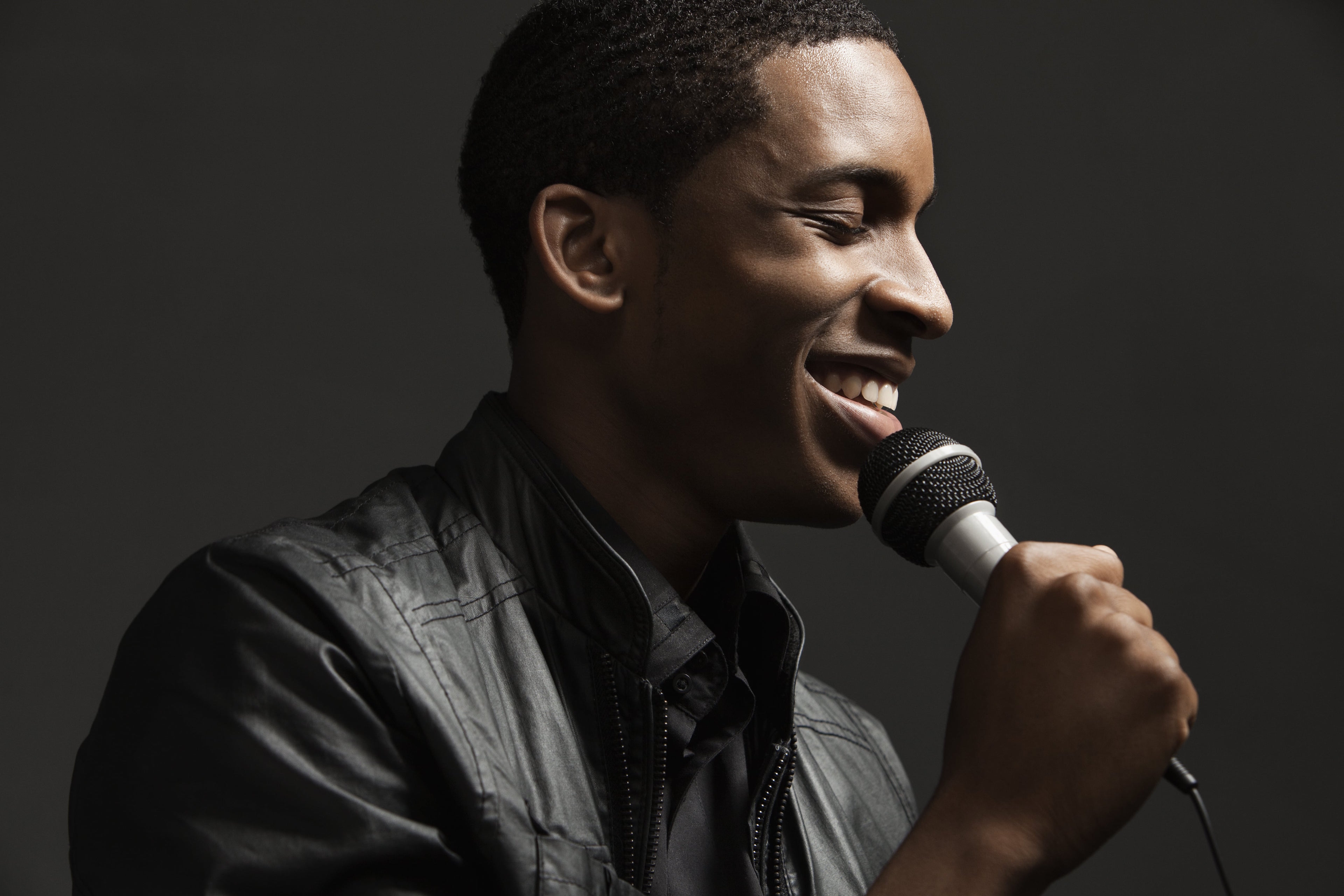 Person in front of a microphone